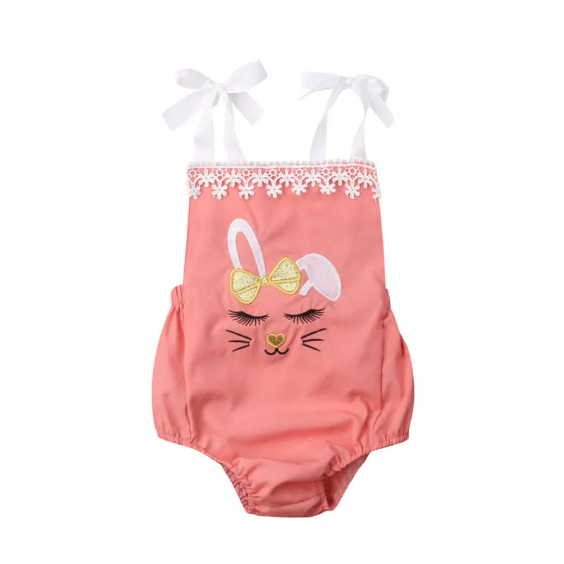 Emmababy Newborn Baby Girl Pink Bunny Bodysuits Lace bandage Bebe Girls