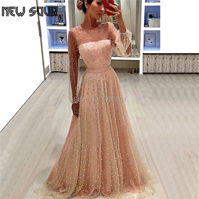Luxury Pearls Prom Dress Turkish Couture New Evening Dresses Long Robe De Soiree Party Gowns 2019 Arabic Champagne Formal Dress