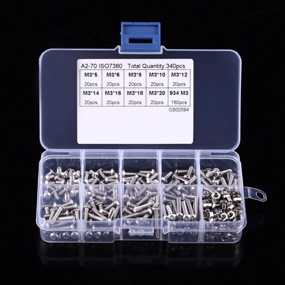 

340pcs M3 (3mm) A2 Stainless Steel Button/Cap Head Allen Bolts Hexagon Socket Screws With Hex Bolt Nuts Assortment Kit Hot