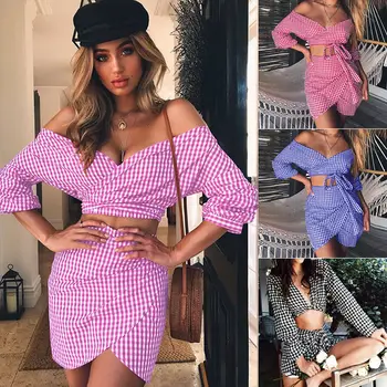

Women Fashion Casual 2 Pcs Bodycon Plaid Crop Top And Skirt Set Lace Up Bodycon Dress Suit Party