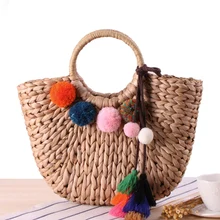VRTREND мешок для кукурузной шелухи ручной работы Тканые женские сумочки в форме Луны Летние Красочные помпон Ленточные сумки Bolsa Feminina