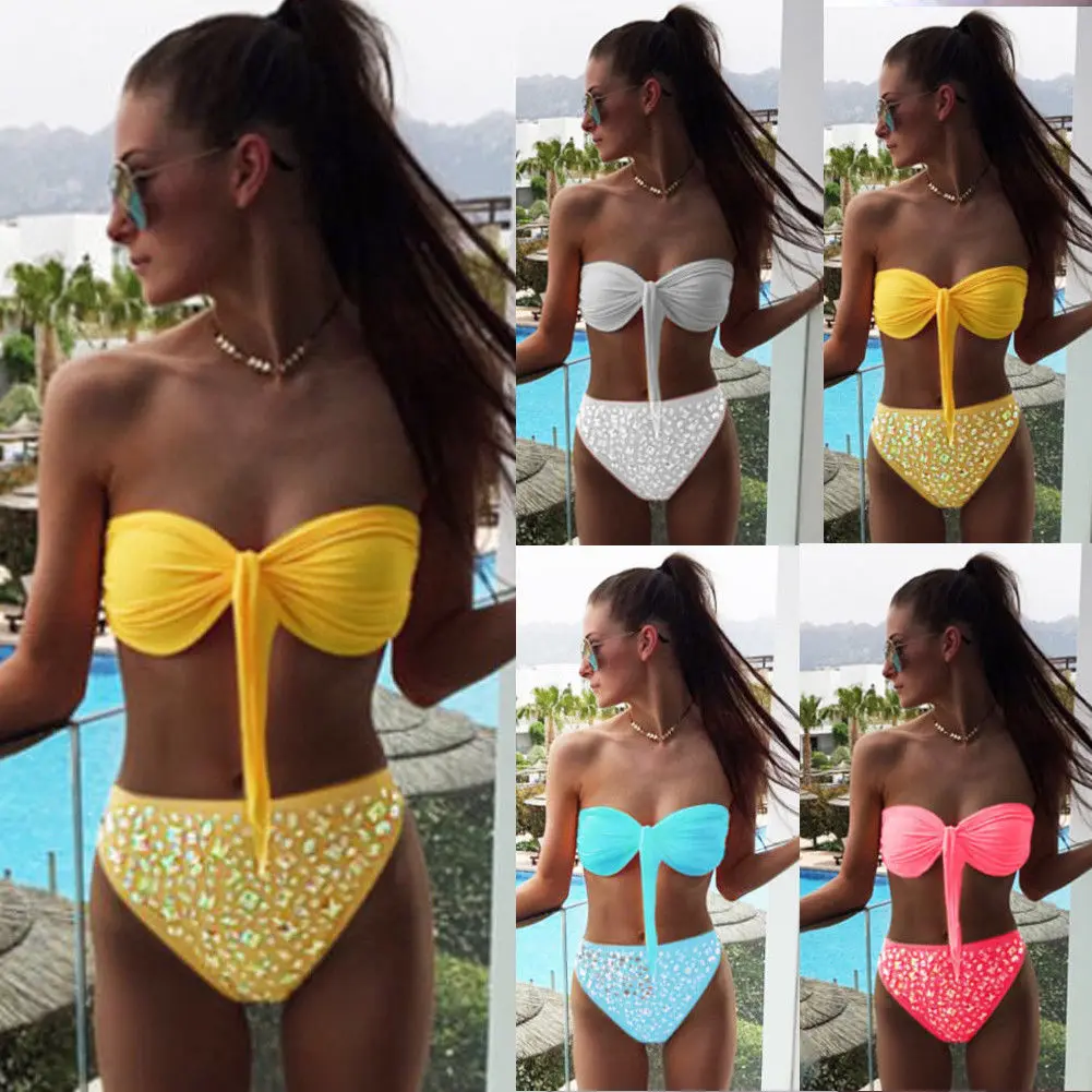 

New Women Push Up Paded Beach Swimwear Sparkle Sequin Triangle Bra Bikini Set Bathing Sexy Women Beachwear Swimsuit