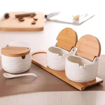 

Sugar Bowl, Ceramic Sugar Bowl with Sugar Spoon and Bamboo Lid for Home and Kitchen - Modern Design, White, 8.58 FL OZ (254 ML