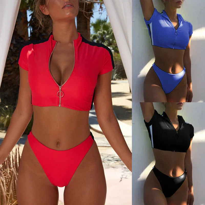 

hot women Tow pieces long sleeve short pants swimwear swimsuit Rash Guard Wetsuit surfing suit beachwear zipper