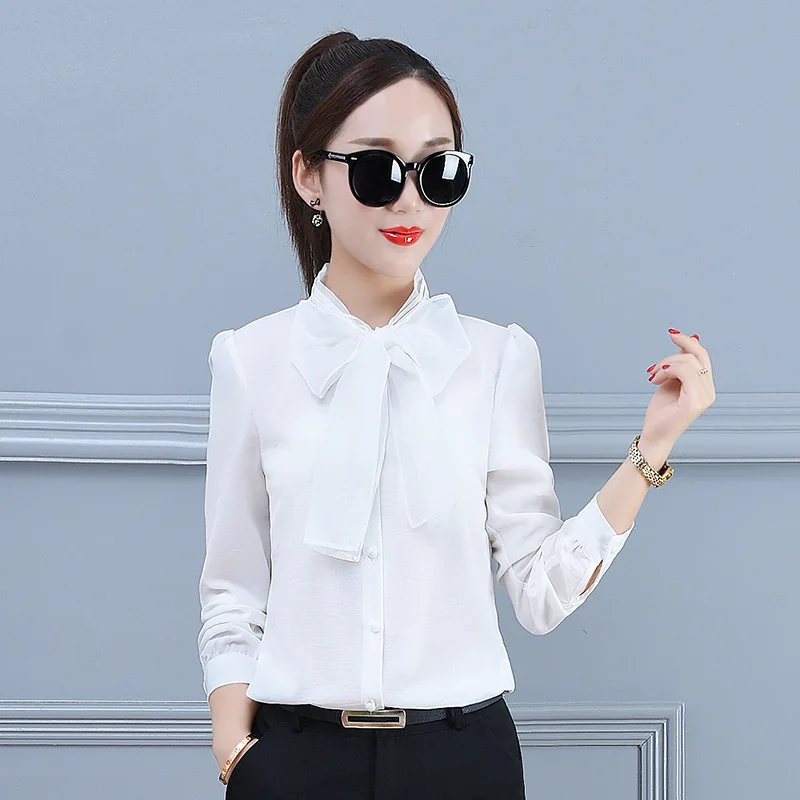

Spring and Autumn New Korean OL Pack Bottom Shirt Bow White Blouse Long Sleeve Large Size Camisa Femenina Bluzki Bluse Women