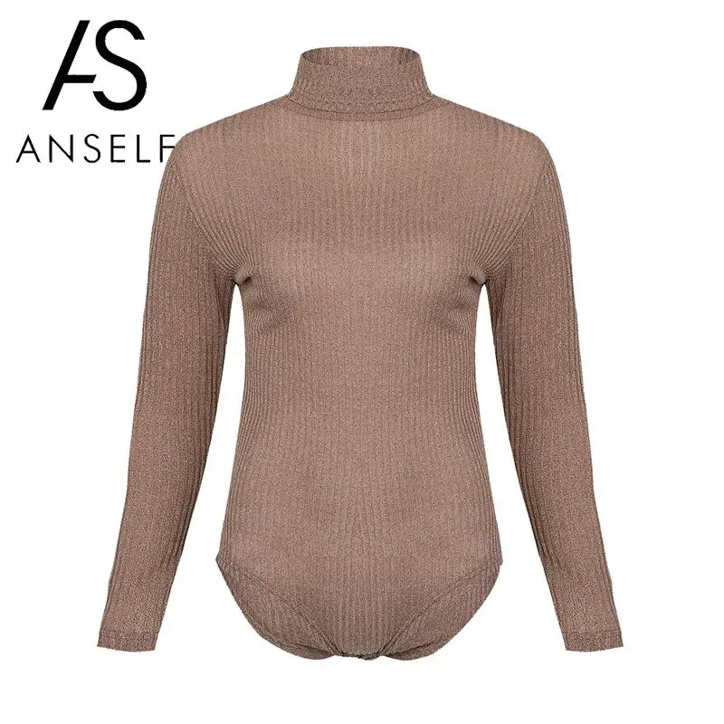 Winter Sexy Women Ribbed Bodysuit Long Sleeve High Neck rompers womens