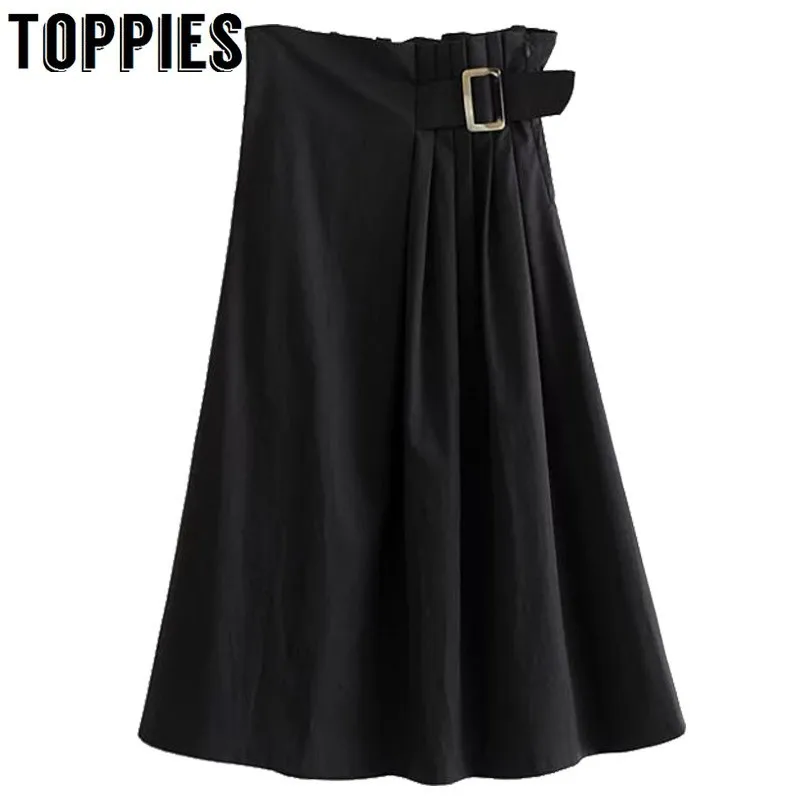 

2019 Summer Cotton Long Skirt Adjustable Belt High Waist Skirts Womens Black A Line Faldas Vintage Streetwear