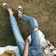 Pengpious Весенняя новинка красивые джинсы для Модные женские отверстия на колене песок взрыв crooped