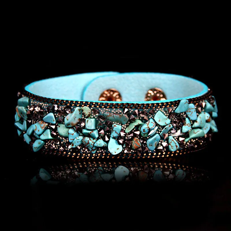 

Rinhoo Newest Fashion women jewelry bohemia style rhinestone Leather Charm wrap Bracelet Bangles with Buttons Adjust Size