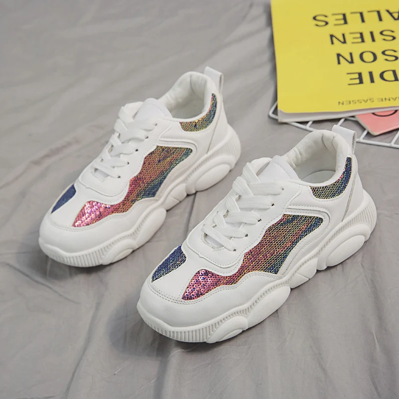 

Brand Chunky Sneakers 2019 Spring Shoes Women White Sneakers Female Glitter Platform Sneakers Women femme tenis feminino