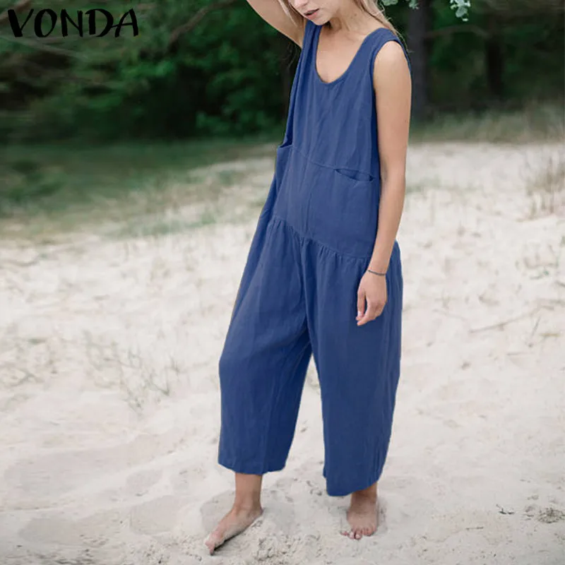 VONDA Rompers Womens Jumpsuit 2018 Summer Casual Loose Cotton Playsuits
