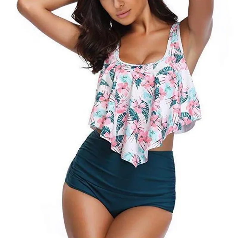 

Jrnnorv Two Piece Plus Size Sexy Backless Halter Floral Printed Swimwear Set bikinis 2019 mujer sexy bikini set biquini BC0197