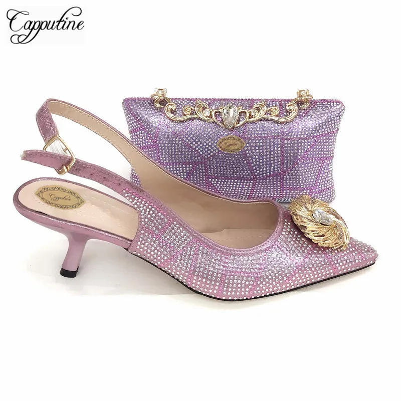 

Capputine 2019 Summer New Good Quality Shoes And Bag Set African Rhinestone High Heels Shoes And Bag Set For Party 5Colors