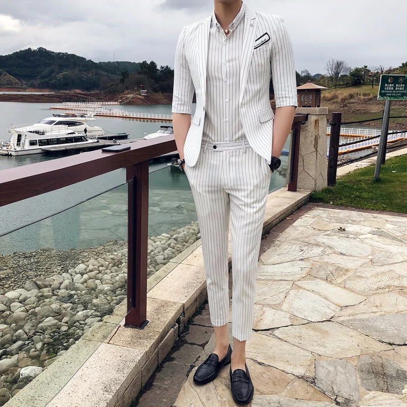 

2019 Korean Stripe Slim Fit Mens Suits With Pants 2pcs Suit Men Costume Homme Mariage Business Formal Wear Tuxedo Wedding Dress