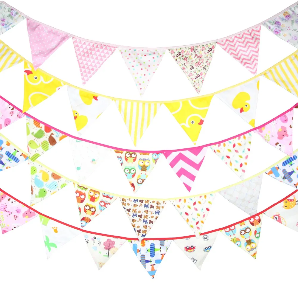 

12 Flags - 3.2M Cotton Cartoon Fabric Banners Customize Girl Birthday Party Bunting Baby Shower Garland Decoration