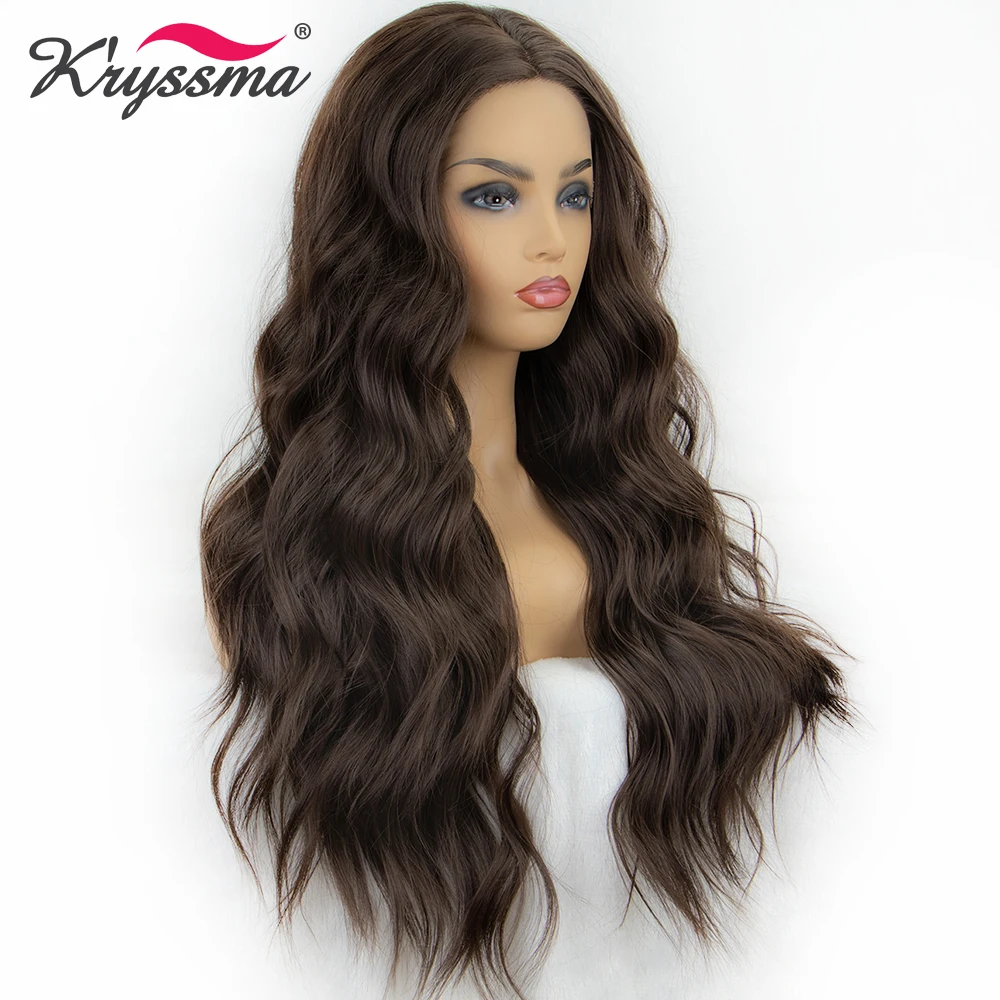 Kryssma синтетический парик на кружеве Длинные Волнистые Темно-коричневые парики для женщин 22 дюйма средний пробор волос Косплей Термостойкое волокно