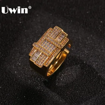 

UWIN Geometric Shape Gold/White Gold Color Rings For Men Fashion Hiphop Full Iced Cubic Zirconia Ring Jewelry Size 7-10