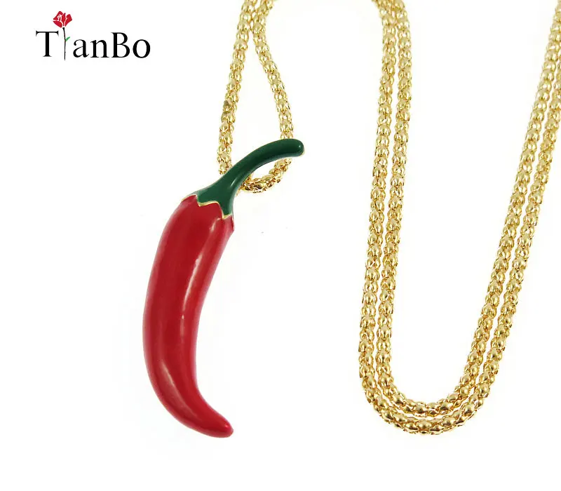 

TianBo Free Shipping Cute Metal Enamel Red Chili Pendant Necklace Sweater chain Jewelry Wholesale For Women