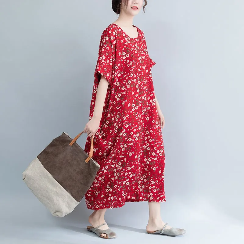 2019 летнее женское платье большого размера Boho платье свободного покроя рукав летучая мышь цветочный принт платье винтажное этническое