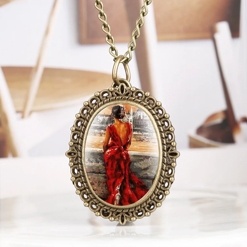 Современная живопись маслом элегантная красота в красном платье кварцевые карманные часы ожерелье ювелирные изделия кулон часы Топ милый