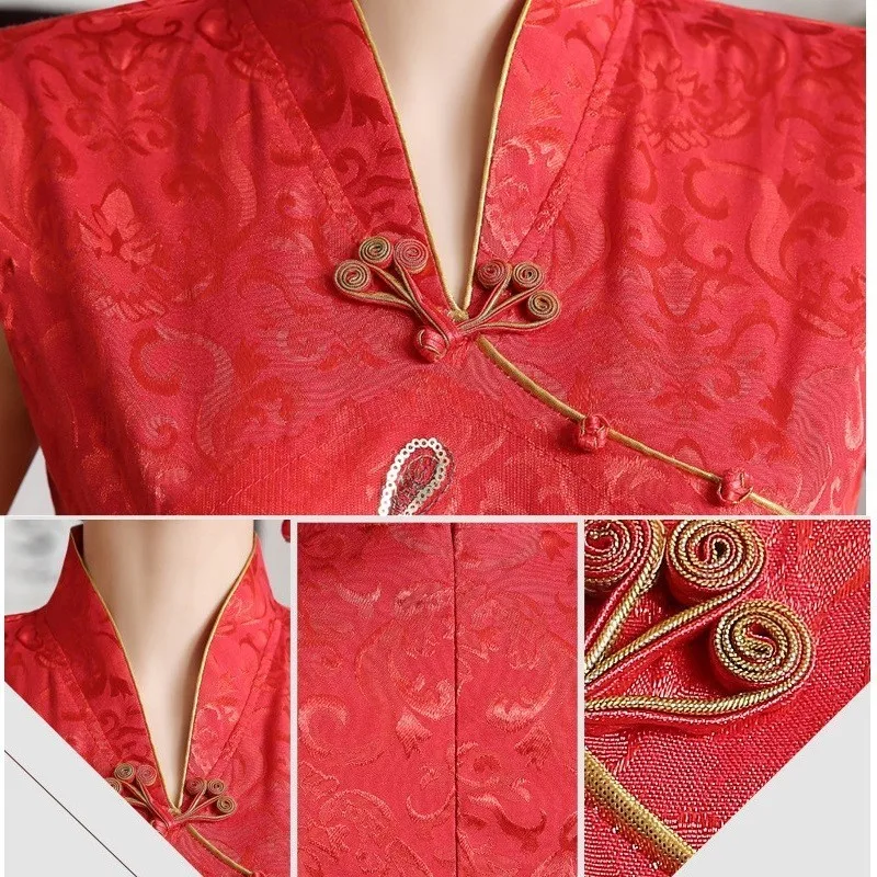 XXXL красные платья невесты Блестки Феникс Короткие повседневные Cheongsam Qipao золотая линия улучшение короткий рукав лето Chipao 4XL