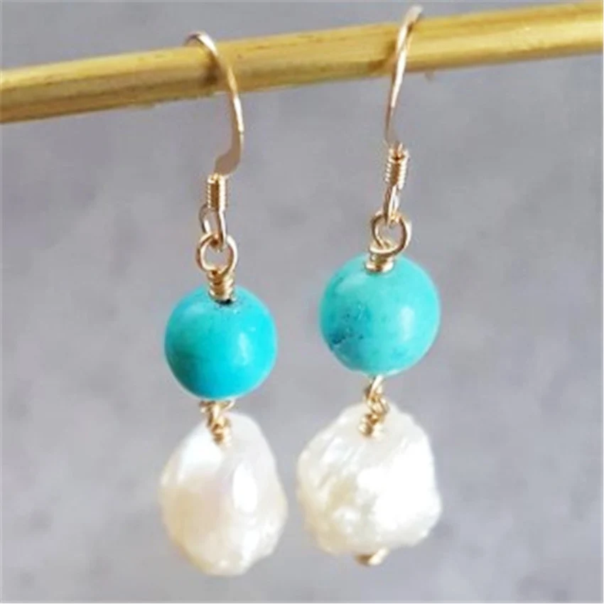 

14-15mm White Baroque Pearl Earrings Golden Hook Wedding Delicate Chic Women Flawless Noble Jewelry Accessories Real