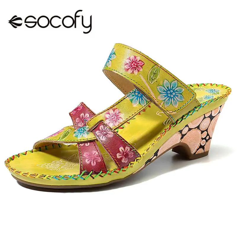 

SOCOFY Retro Flowers Pattern Genuine Leather Splicing Hook Loop Stitching Soft Sandals Summer Shoes Elegant High Heels New 2019