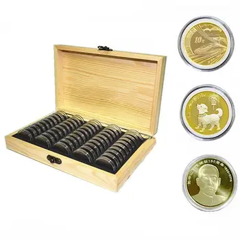 

50 Grids 30mm/1.18in Coin Storage Box Commemorative Coin Collection Box Coin Wooden Protection Case Organizer