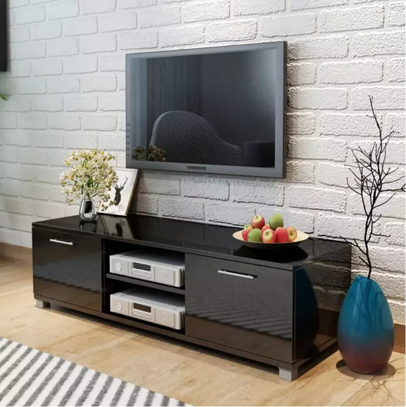 

VidaXL TV Cabinet Glossy Black 120x40,3x34,7 Cm With 4 Cable Outlets 2 Shelves 2 Compartments With Doors Living Room Furniture