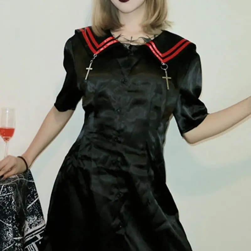 

Trend 2019 Women Mini Dress Fashion Preppy Style Sailor Collar Stripe Gothic Black Casual Streetwear A Line Club Summer Dresses