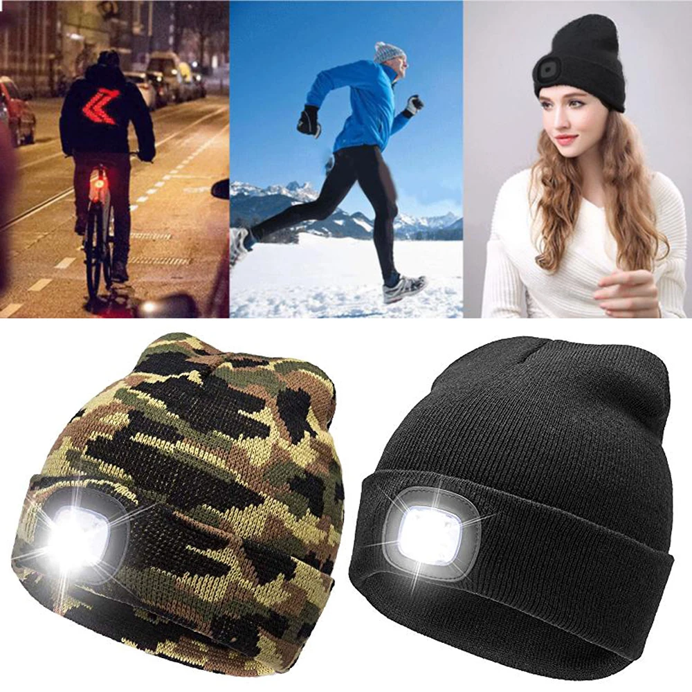 Christmas Outdoor USB LED Light up Beanie Hat Knit Cap Camping for Men Women