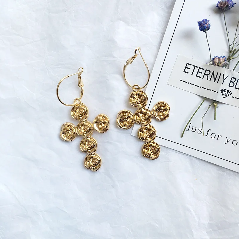

2019 Punk Gold Color Rose Flower Cross Earring for Women Geometric Metal Circle Drop Earring Statement Pendant Bincos Jewelry