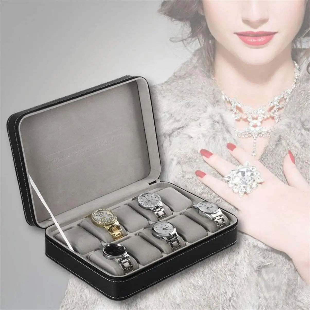 Kopen Draagbare Horloge Box Organizer PU Leer Kist met Rits Klassieke Stijl 10 Grids Multi Functionele Armband Display Case