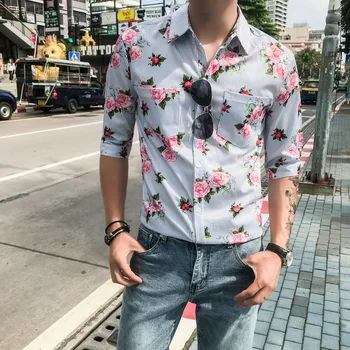 

2019 Men Shirt Half Sleeve Print Party Club Night Bar Stage Clothes Slim Fit Casual Shirt Mens Dress Shirts camisa masculina