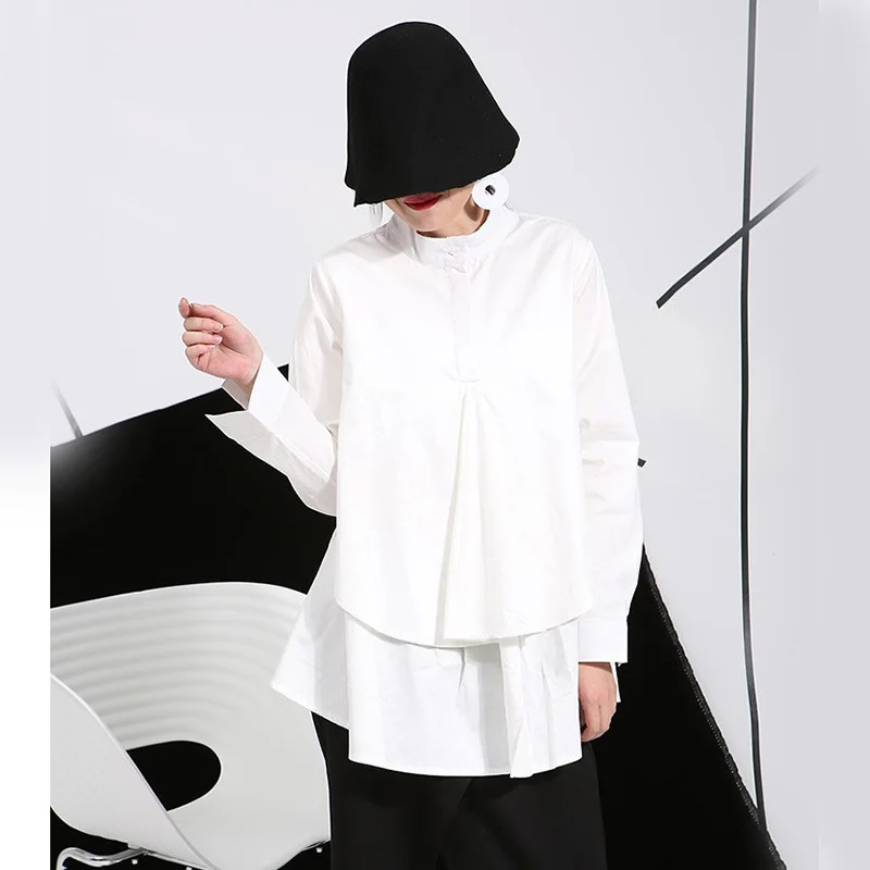  [EAM] 2020 Spring Plus Size Long Shirts Women Blouses Long-sleeve White Loose Tops Black White Cott