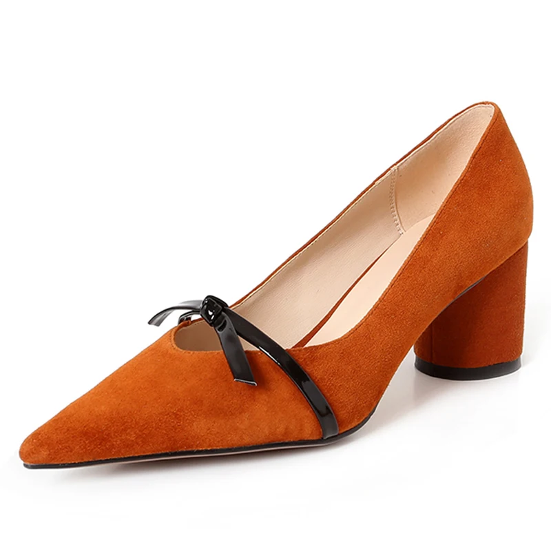 

Women's Genuine Leather Pumps 6 CM Chunky Heels Slip-on Summer Dress Shoes Butterfly-knot High Heels Box Packing MK1801