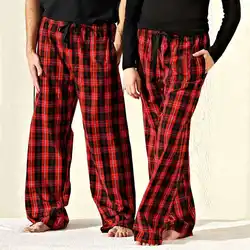 Для женщин унисекс мужчин Рождество пижамы вечерний комбинезон красный плед повседневное Drawstring длинные брюки для девочек широкие брюки