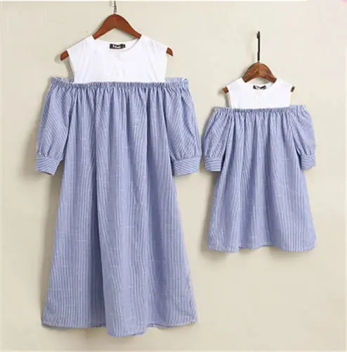 

2019 New Mother Daughter Family Matching Cold Shoulder Striped Dress for Women Girl US Stock Long Sleeve Sweet Dresses Clothes