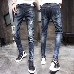 Новинка зимы толстые теплые джинсы для мужчин тонкий мода уличная хип хоп рваные джинсовые мотобрюки человек повседневное мужской