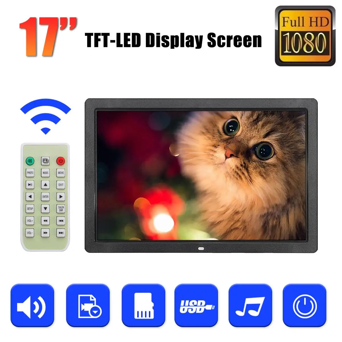 

17 Inch Full Function Digital Photo Picture Frame With Remote Control Clock/Music/Video/Movie Player TFT-LED Display Screen