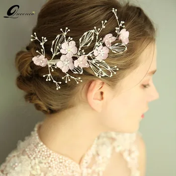 

Vintage Purple Flower Wedding Dress Accessories Handmade Hair Jewelry Pearl Beads Hairpins White Leaf Headpiece