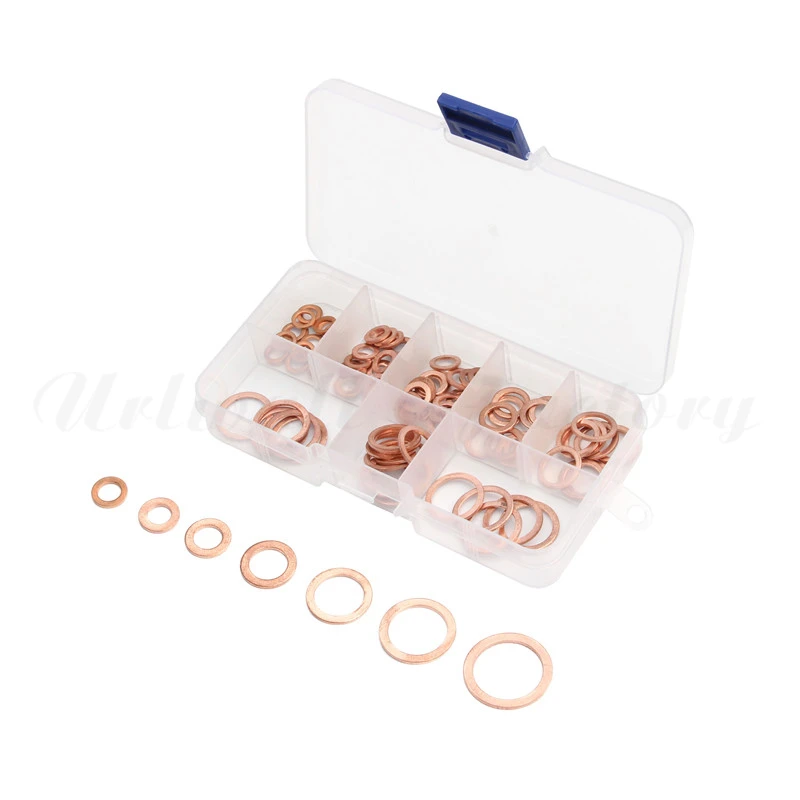 

100Pcs Assorted Copper Washer Gasket Set M4-M14 Flat Ring Seal Assortment Kit with Box For Hardware Accessories