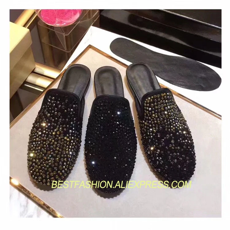 

Hot Spring Summer Lazy Mules Shoes Woman Casual Crystal Round Toe Loafers Design Woman Cozy Slip On Flats Mujer Shoes Tide F