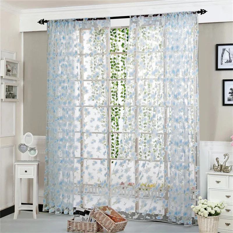 

New Floral Tulle Voile Curtains Romantic Door Window Drape Panel Sheer Scarf Valances Fashion Popular Household Bedroom Curtains
