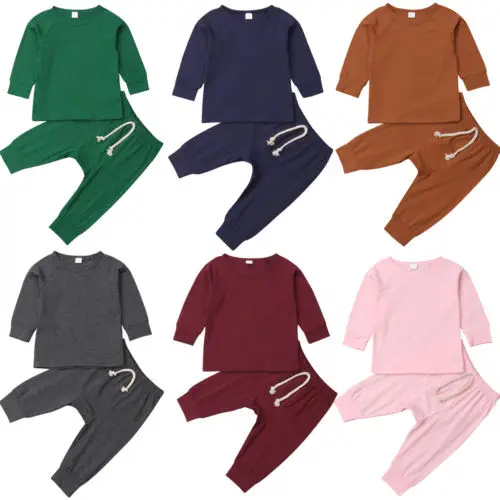 Однотонные хлопковые комплекты одежды для малышей 0-24 месяцев, одежда для сна для мальчиков и девочек, пижамный комплект, топы и штаны
