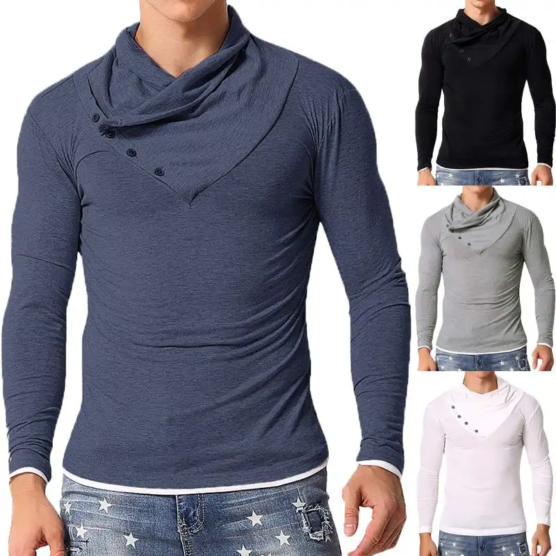2019 Autumn Mens T Shirt Pile Collar Long Sleeve Solid Turtleneck Men