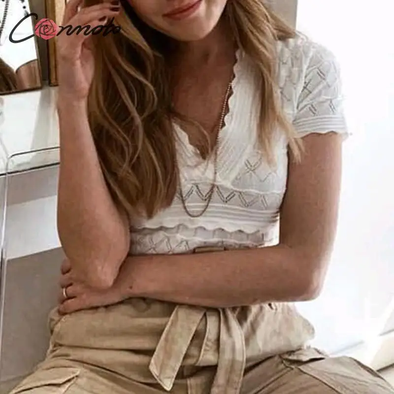 

Conmoto Fashion Sexy V Neck Women Crop Tops 2019 Summer Knitted Short Sleeve Slim Pullover Basic Crochet Hollow Out Tops