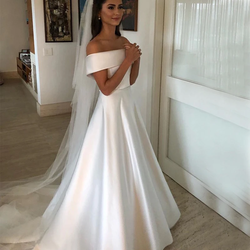 

Vivian's Bridal Simple A Line Satin Reflect Wedding Dresses Off Shoulder Sweep Train Zipper With Buttons Back Bridal Dresses