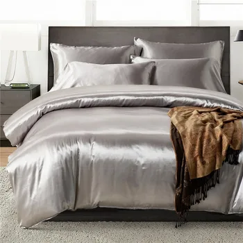 

2pcs/3Pcs/4pcs Nordic Style Silk Bedding Set Queen Size Satin Grey Duvet Cover Solid Color Set Simple Beautiful Bedclothes44