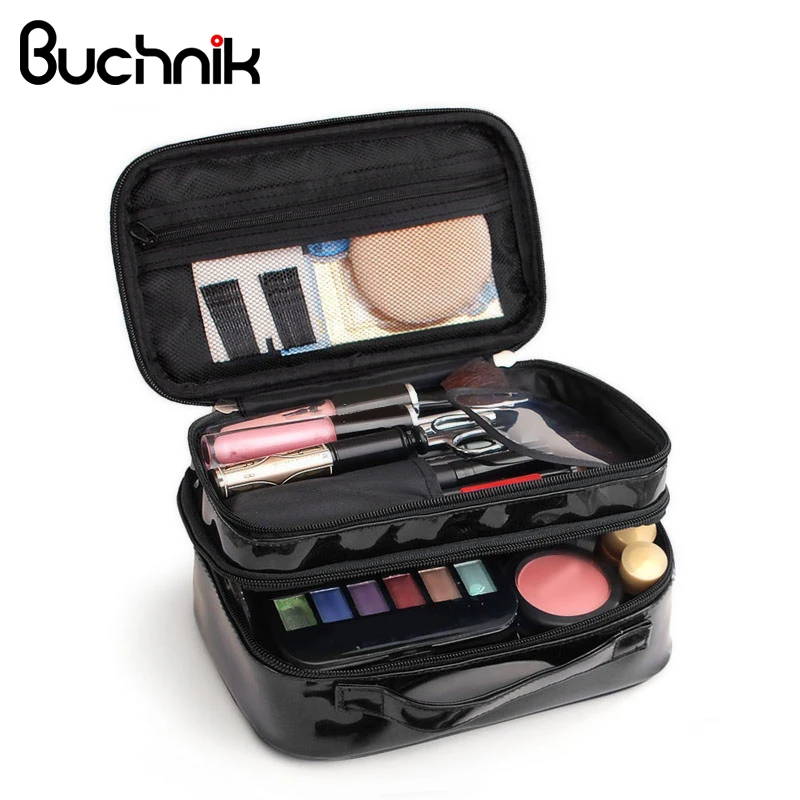 Double layer PU Lady s Cosmetic font b Bags b font Waterproof Make Up font b